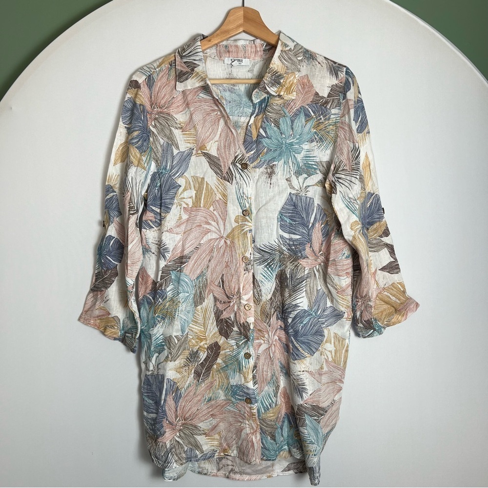 Rosemarine Italy Linen Floral Button Up Roll Tab Long Sleeve Tunic Coastal Small